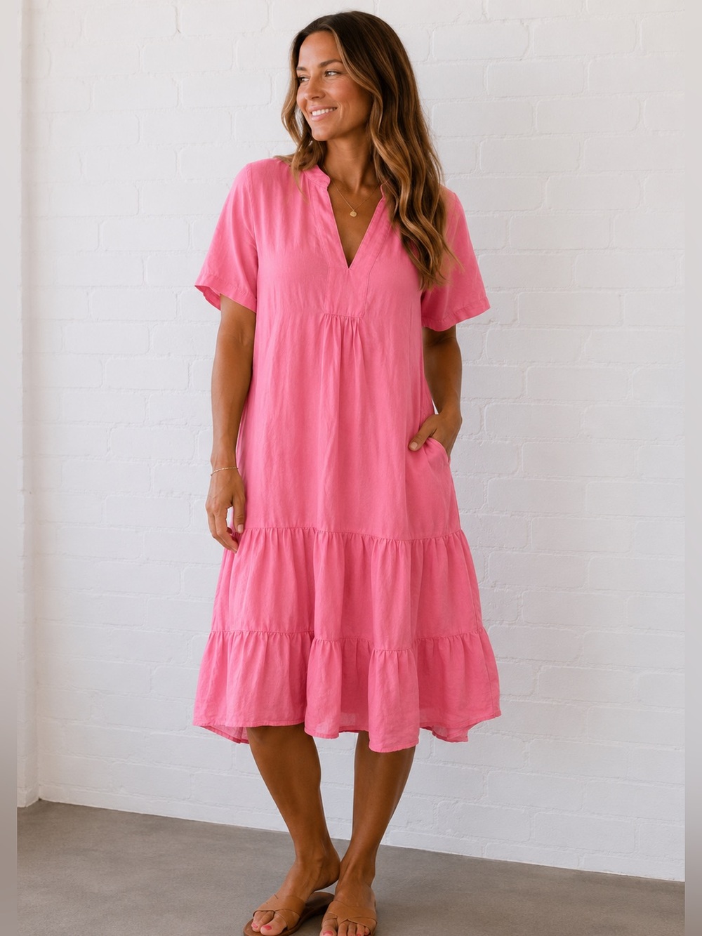 Zara Pink Linen Blend Tiered Midi Dress Size M Flowy Cottagecore